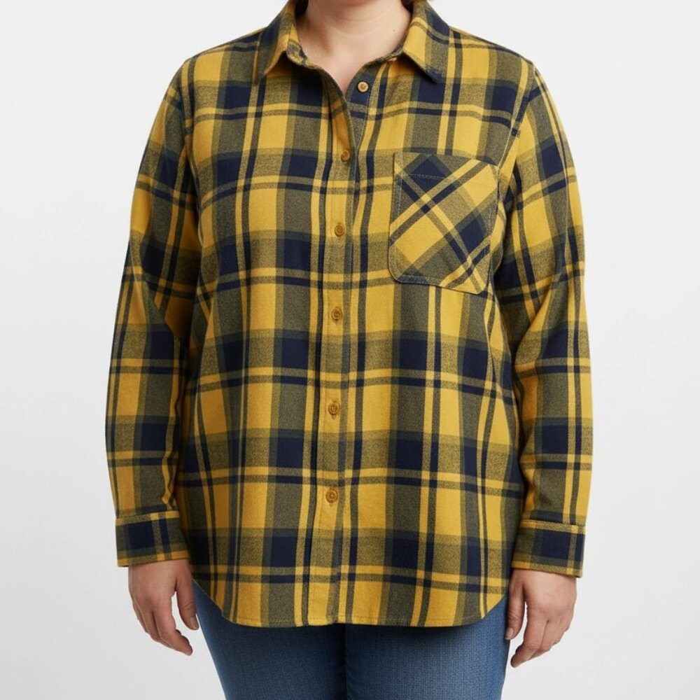 Time & Tru Women's Yellow Blue Long Sleeve 100% COTTON Tartan Top Plus Size XXXL